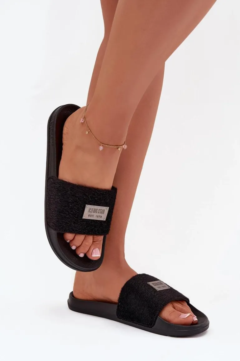 Klapki Damskie Na Piankowej Podeszwie Z Futerkiem Big Star SS274716 Czarne