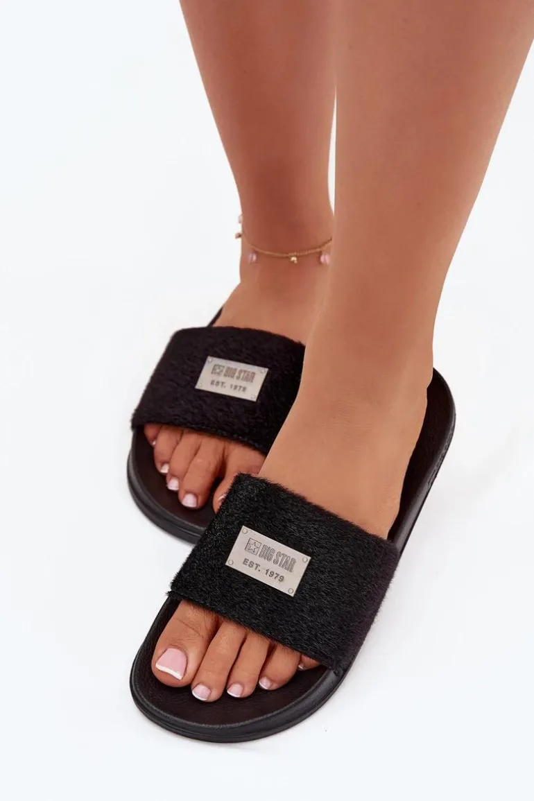 Klapki Damskie Na Piankowej Podeszwie Z Futerkiem Big Star SS274716 Czarne