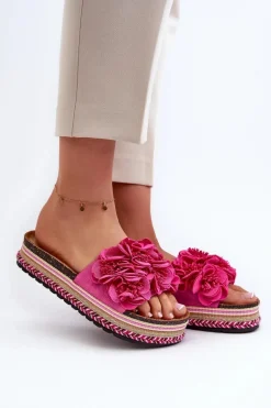 Klapki Damskie Na Platformie Ozdobione Kwiatkami Fuksja Nodina