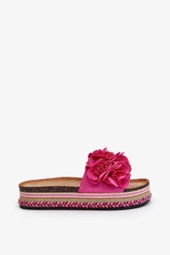 Klapki Damskie Na Platformie Ozdobione Kwiatkami Fuksja Nodina