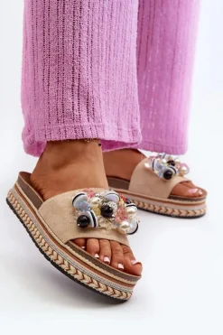 Klapki Damskie Na Platformie Z Ozdobami S.Barski HY077 Beżowe