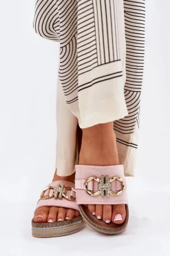 Klapki Damskie Na Platformie Z Brokatem I Złotą Ozdobą Różowe Rilirea