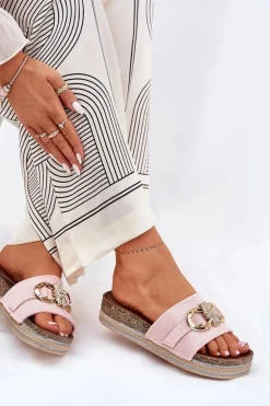 Klapki Damskie Na Platformie Z Brokatem I Złotą Ozdobą Różowe Rilirea