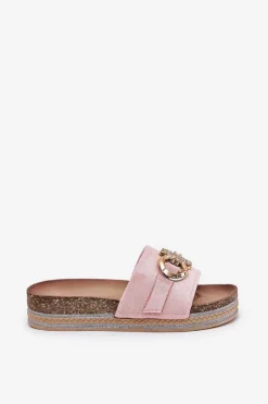 Klapki Damskie Na Platformie Z Brokatem I Złotą Ozdobą Różowe Rilirea