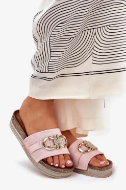 Klapki Damskie Na Platformie Z Brokatem I Złotą Ozdobą Różowe Rilirea