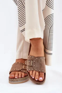 Klapki Damskie Na Platformie Z Klamrą I Ćwiekami Khaki Nusithia