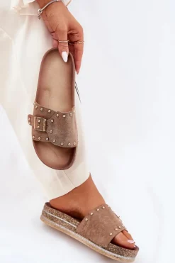 Klapki Damskie Na Platformie Z Klamrą I Ćwiekami Khaki Nusithia