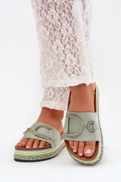 Klapki Damskie Na Platformie Z Ozdobą Zielone Daphira