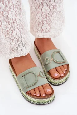 Klapki Damskie Na Platformie Z Ozdobą Zielone Daphira