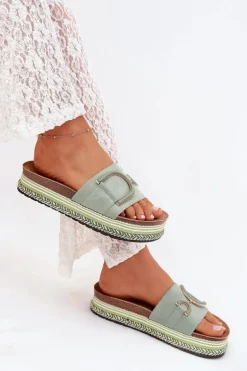 Klapki Damskie Na Platformie Z Ozdobą Zielone Daphira