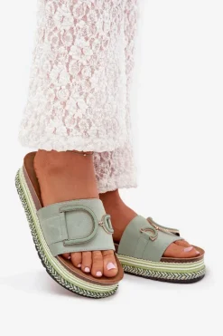 Klapki Damskie Na Platformie Z Ozdobą Zielone Daphira