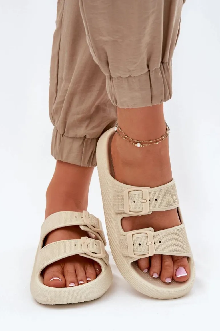 Klapki Damskie Na Platformie Z Klamrami Beżowe Nitiana