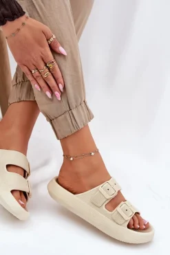 Klapki Damskie Na Platformie Z Klamrami Beżowe Nitiana