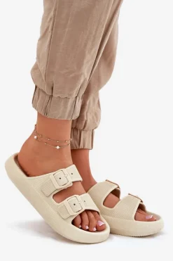 Klapki Damskie Na Platformie Z Klamrami Beżowe Nitiana