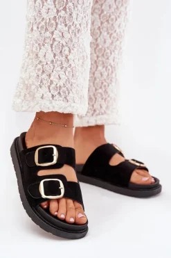 Klapki Damskie Na Platformie Ze Złotymi Klamrami Czarne Verena