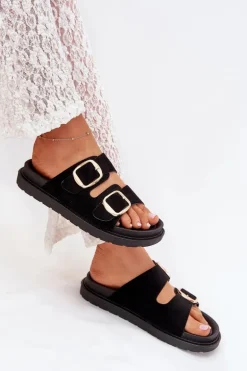 Klapki Damskie Na Platformie Ze Złotymi Klamrami Czarne Verena