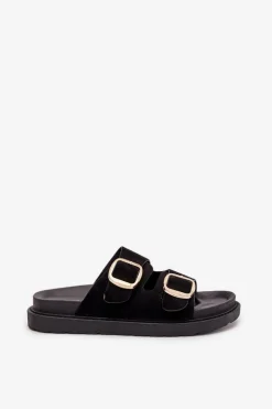 Klapki Damskie Na Platformie Ze Złotymi Klamrami Czarne Verena