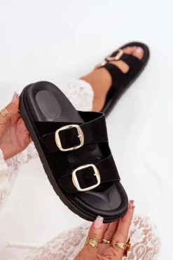 Klapki Damskie Na Platformie Ze Złotymi Klamrami Czarne Verena