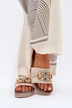 Klapki Damskie Na Platformie Z Brokatem I Złotą Ozdobą Beżowe Rilirea