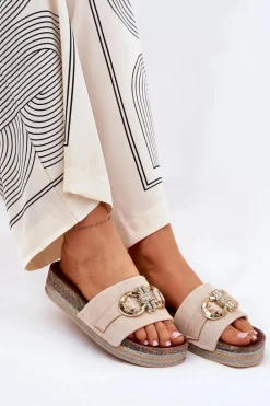 Klapki Damskie Na Platformie Z Brokatem I Złotą Ozdobą Beżowe Rilirea