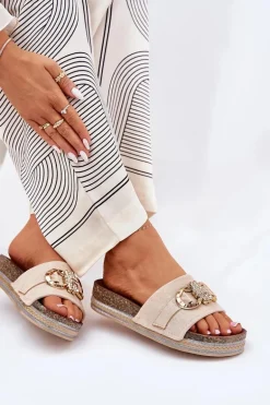 Klapki Damskie Na Platformie Z Brokatem I Złotą Ozdobą Beżowe Rilirea