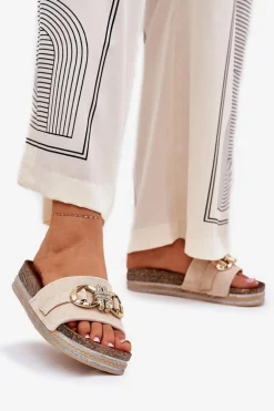 Klapki Damskie Na Platformie Z Brokatem I Złotą Ozdobą Beżowe Rilirea