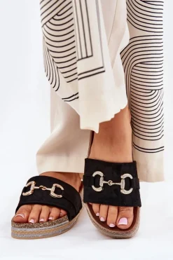 Klapki Damskie Na Platformie Ze Złotą Ozdobą I Brokatem Czarne Morisela