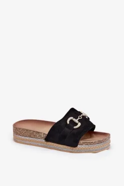 Klapki Damskie Na Platformie Ze Złotą Ozdobą I Brokatem Czarne Morisela