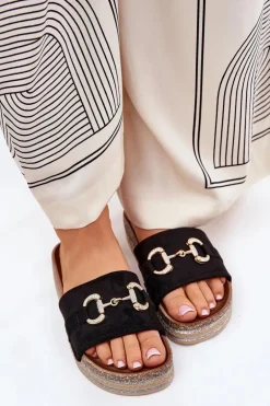 Klapki Damskie Na Platformie Ze Złotą Ozdobą I Brokatem Czarne Morisela