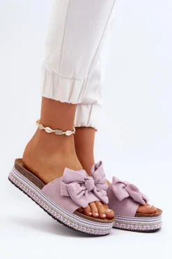 Klapki Damskie Na Platformie Z Kokardą Fioletowe Evatria