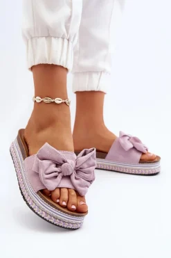 Klapki Damskie Na Platformie Z Kokardą Fioletowe Evatria