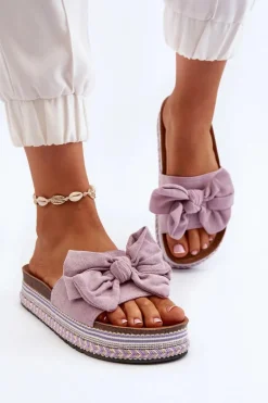 Klapki Damskie Na Platformie Z Kokardą Fioletowe Evatria