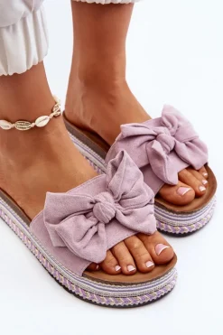 Klapki Damskie Na Platformie Z Kokardą Fioletowe Evatria