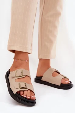 Klapki Damskie Na Platformie Z Klamrami Beżowe Simbes