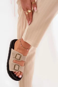 Klapki Damskie Na Platformie Z Klamrami Beżowe Simbes