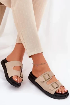 Klapki Damskie Na Platformie Z Klamrami Beżowe Simbes