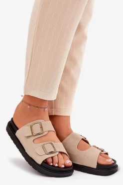 Klapki Damskie Na Platformie Z Klamrami Beżowe Simbes