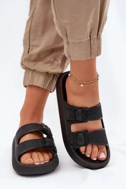 Klapki Damskie Na Platformie Z Klamrami Czarne Nitiana