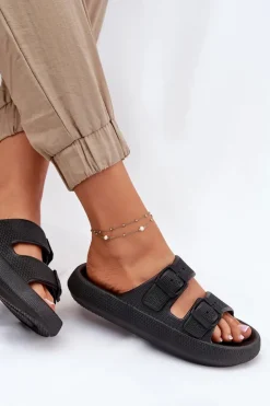 Klapki Damskie Na Platformie Z Klamrami Czarne Nitiana