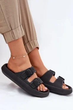 Klapki Damskie Na Platformie Z Klamrami Czarne Nitiana