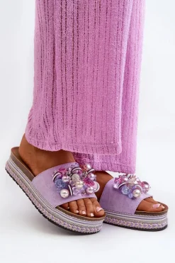 Klapki Damskie Na Platformie Z Ozdobami S.Barski HY077 Fioletowe