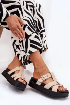 Klapki Damskie Na Platformie Z Paskami I Klamrą Beżowe Elimessa