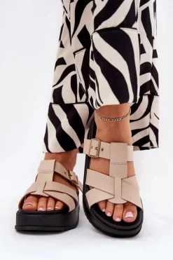 Klapki Damskie Na Platformie Z Paskami I Klamrą Beżowe Elimessa