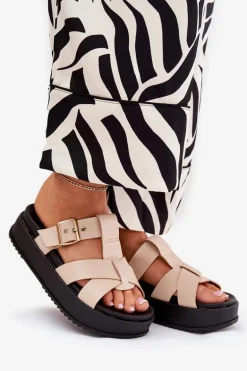 Klapki Damskie Na Platformie Z Paskami I Klamrą Beżowe Elimessa