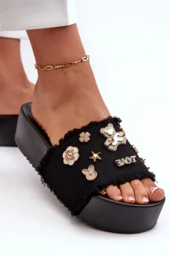 Klapki Damskie Na Platformie Z Przypinkami Czarne Zranesia