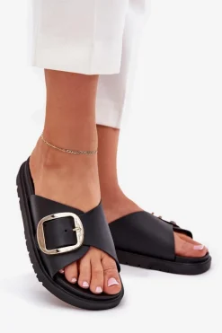 Klapki Damskie Na Platformie Ze Złotą Klamrą Czarne Jovira