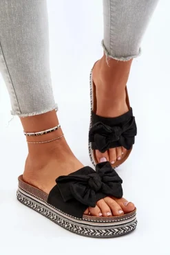 Klapki Damskie Na Platformie Z Kokardą Czarne Evatria