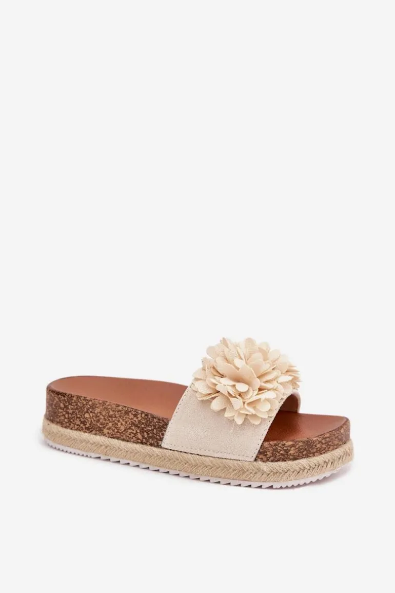 Klapki Damskie Na Platformie Z Ozdobnymi Kwiatkami Beżowe Tessara