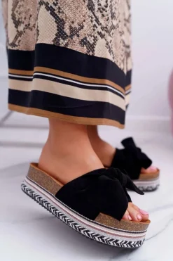 Klapki Damskie Na Platformie Z Kokardą Czarne Chantal