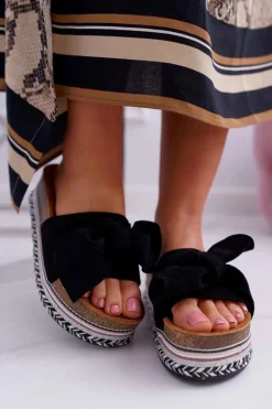 Klapki Damskie Na Platformie Z Kokardą Czarne Chantal